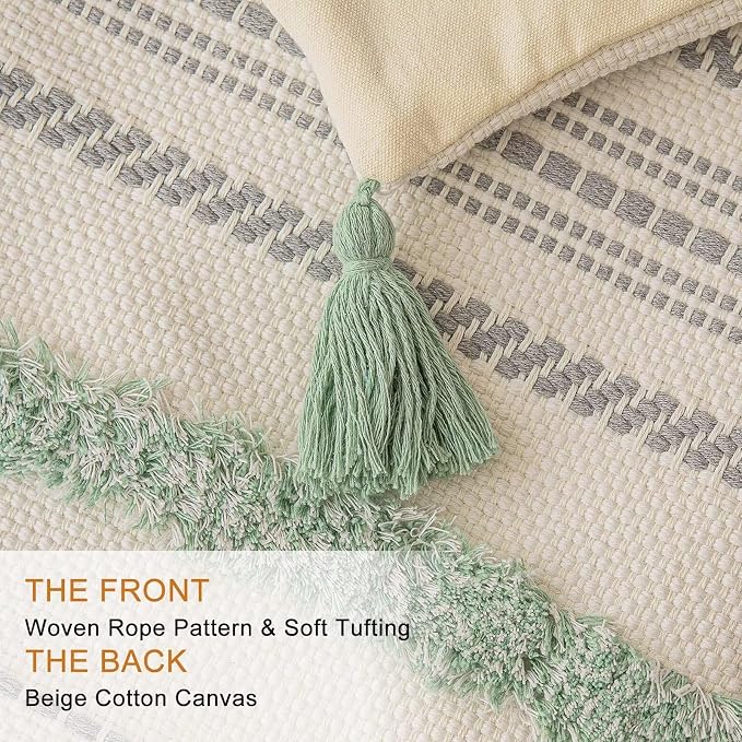 BUIOVBEY Boho Throw Pillow Covers Woven Tufted Pillow Cases with Tassels | Farmhouse Pillow Covers 12x20 Set of 2 Textured Striped Cushion Case Neutral Decorative Pillowcase for Sofa Couch Light Green