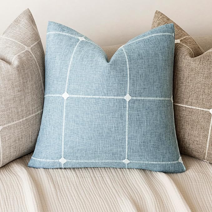 Foindtower Pack of 2 Decorative Faux Linen Jacquard Check Throw Pillow Covers Farmhouse Cushion Cover with Grid Textured Accent Pillowcase for Couch Sofa Living Room Home Decor,20×20 Inch,Light Blue