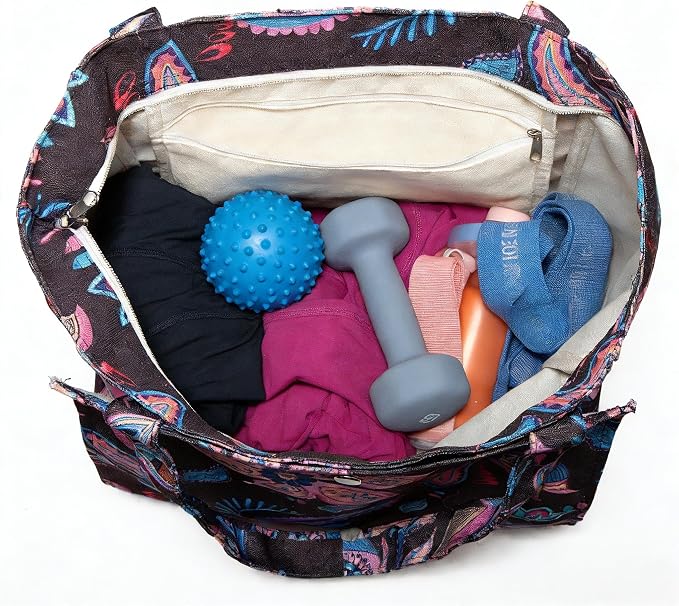 Floral Paisley Pattern Yoga Bag, Canvas Tote with Blue and Pink Design, Spacious Carrier for Yoga Mat and Accessories