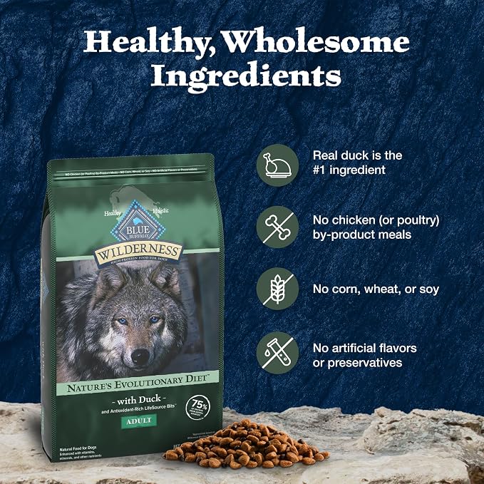 Blue Buffalo Wilderness Duck & Wholesome Grains Adult Dry Dog Food, 24 lb | 39g Protein, Real Duck #1 Ingredient, Antioxidant-Rich Fruits & Veggies, High Protein to Fuel Adventures