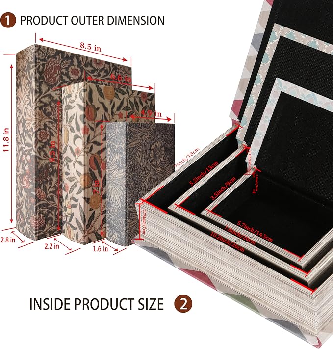 Wooden Book Box Set of 3 – Vintage Floral Designs with Linen Fabric Covers and Magnetic Closure, William Morris Style Hidden Storage for Bookshelf, Home or Office Decor
