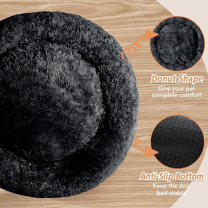 JOLLYVOGUE Calming Dog Bed Medium Size Dog, 31in Donut Washable Medium Pet Bed, Anti-Slip & Anti-Anxiety Fluffy Faux Fur Round Dogs Bed, Fits up to 45 lbs Pets (Black)