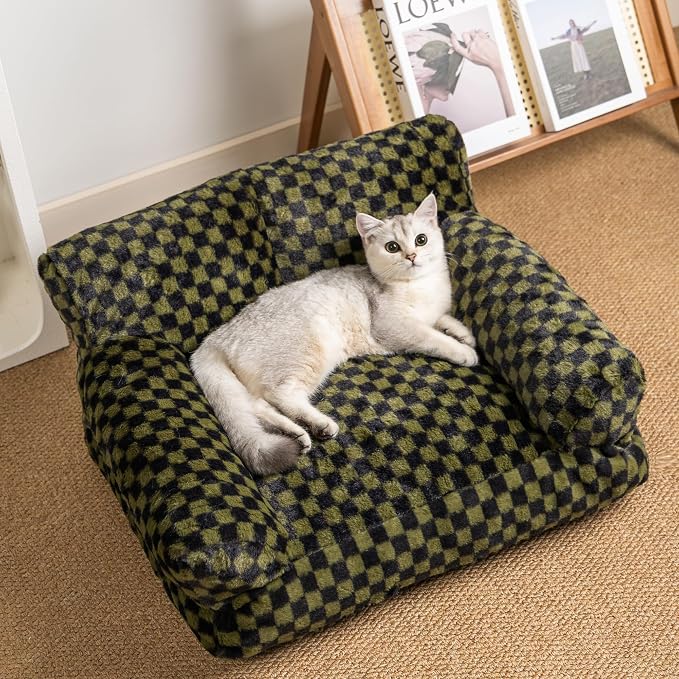 Faux Fur Cat & Dog Sofa Cat Couch Mini Cat Bed Indoor Human Style Pet Sofa, Modern Pet Furniture for Cats, Washable ＆ Removable Cover, for Cats and Small Medium Dogs (Black/Green, X-Large(36X27 inch))