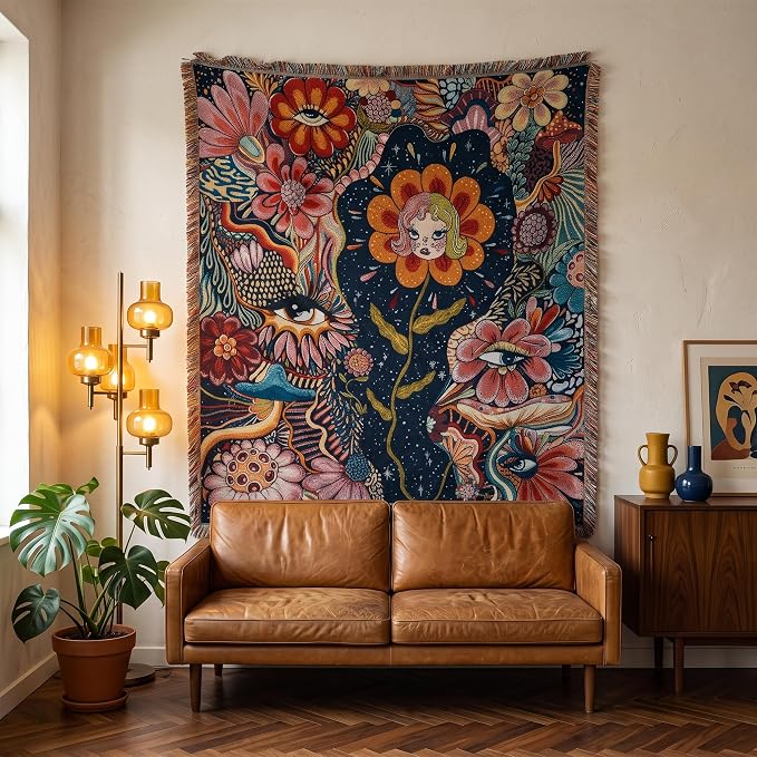 Woven Hippie Boho Throw Blanket for Couch Bed Chair Lounge Boho Room Decor Reversible Cotton Whimsical Throw Blanket Witchy Room Decor Aesthetic Throws Bed Spread Outdoor Camping Blankets 51x59 Inches