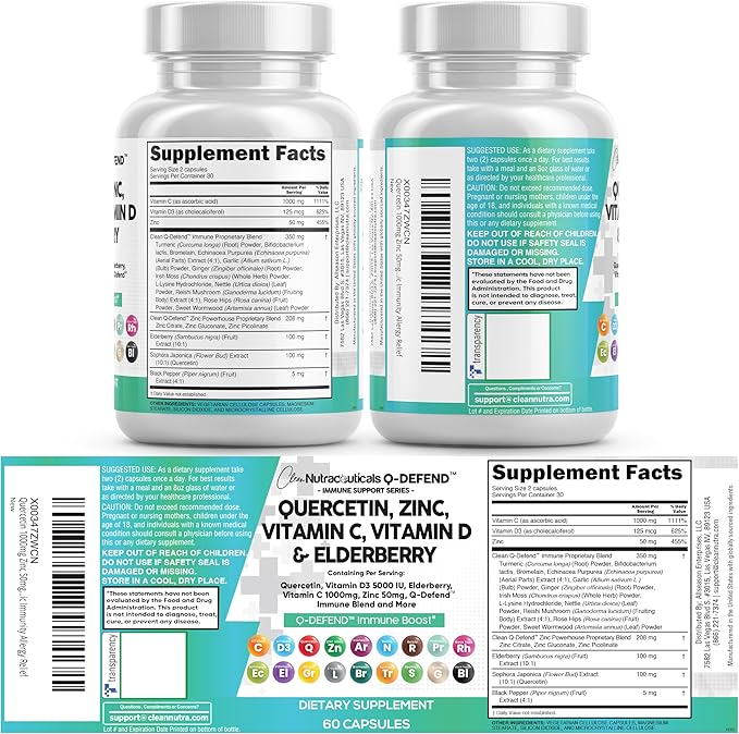 Clean Nutraceuticals Quercetin Zinc Vitamin C Vitamin D Bromelain Elderberry - Lung Immune Support Supplement Adults with Artemisinin, Sea Moss, Echinacea, Allergy Relief