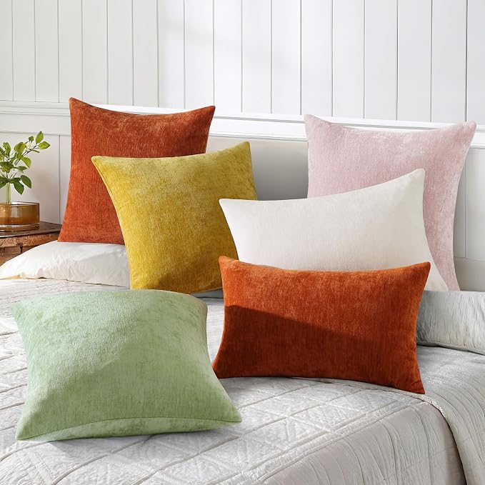 decorUhome Soft Chenille Sage Green Throw Pillow Covers 18X18 Set of 2 | Decorative Fall Couch Pillow Covers Solid Dyed Accent Modern Farmhouse Neutral Square Pillow Cases for Sofa