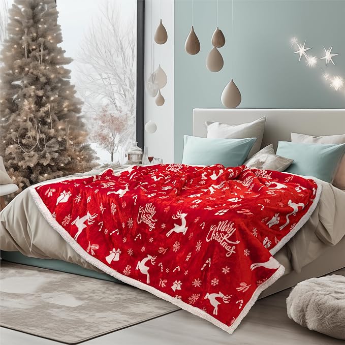 PAVILIA Red Reindeer Christmas Sherpa Throw Blanket, Ultra Soft Reversible Fleece Sherpa 50x60 Winter Blanket for Couch & Bed, Cozy Christmas Home Decor Holiday
