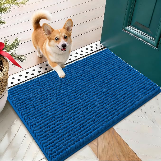 OLANLY Dog Door Mat for Muddy Paws 24x16, Extra Absorbent Chenille Mud Mat | Deep Navy Blue, Absorbs Moisture and Dirt, Non-Slip Machine Washable Doormat, Quick-Drying Indoor Entryway Floor Mat for Dogs
