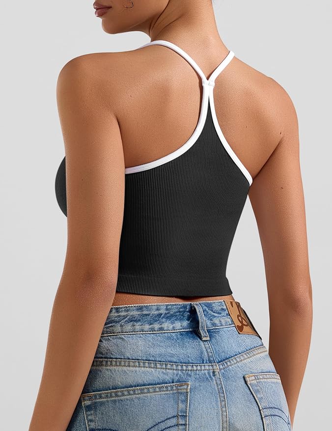 OLCHEE Womens 3PK Crop Tank Tops Seamless Ribbed Sweetheart Neck Racerback Spaghetti Straps Contrast Trim Workout Yoga Cami