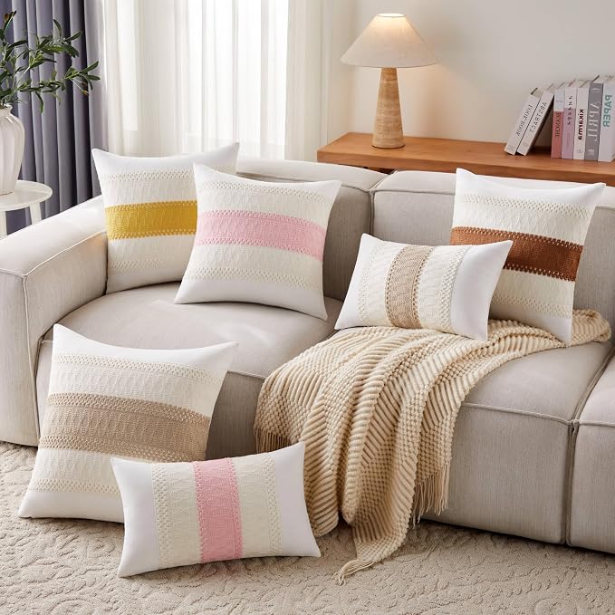 2pk Boho Pillow Covers 16x16, Natural White/Contrast/Light Pink | 100% Organic Cotton Body, Stripe Embroidery, Farmhouse Decorative Cushion Covers for Sofa Bed Living Room Home Decor