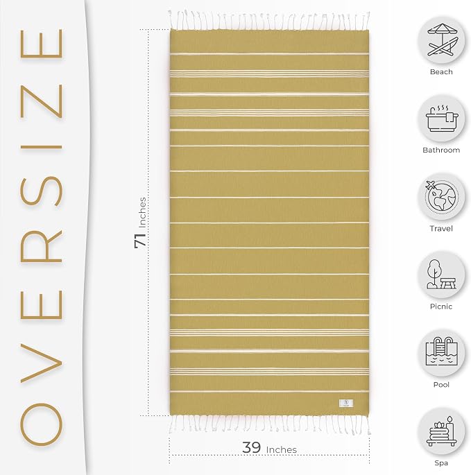 Ossano Turkish Beach Towel Quick Dry & Soft Oversized (39" x 71") - Compact, Versatile and Functional as Yoga Mat, Picnic and Travel Blanket, Cruise and Bath Towels - Mustard