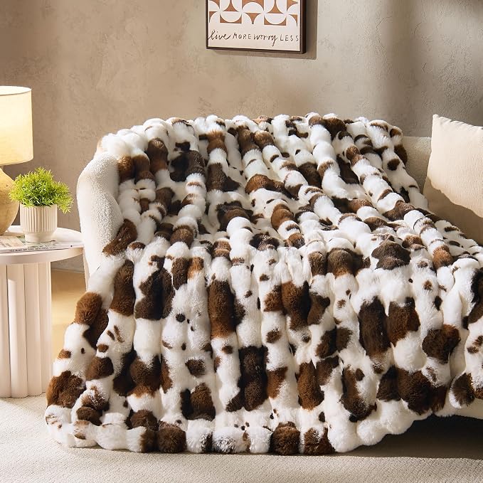 DOWNCOOL Large Faux Rabbit Fur Throw Blanket, Soft Fluffy Fuzzy Plush Bubble Blanket for Couch Sofa & Bed, Cozy Warm Luxury Fleece Minky Blanket, 90x90 Inches Cow Print-Brown