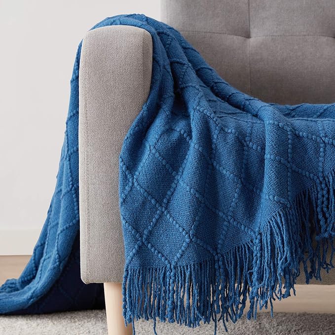 BOURINA Royal Blue Throw Blanket 60x80Inch Knitted Soft Throw Sofa Blanket | Knitted Throw Blanket 60x80 Inches, Soft Lightweight Boho Weave Throw Decorative Couch Blanket for Living Room Bedroom Chair