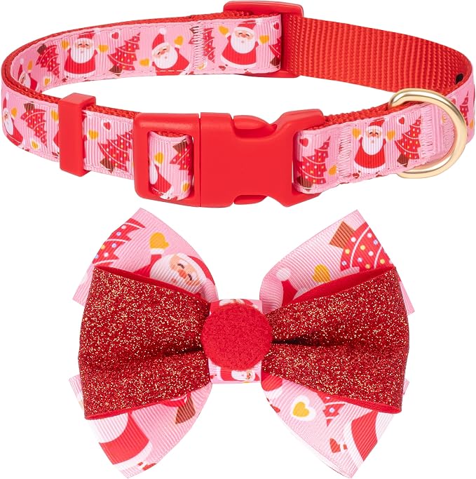 azuza Christmas Dog Collar Santa Print Xmas Dog Collars with Removable Red and Pink Bowtie, Adjustable Dog Collar Accessories for Large Dogs