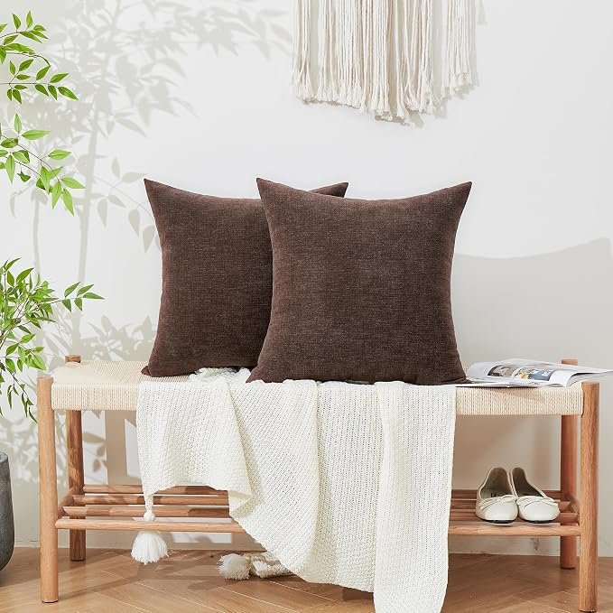 GAWAMAY Decorative Square 16x16 Inch Throw Pillow Covers Set of 2, Super Soft Chenille Pillows Farmhouse Fall Pillowcase for Living Room Bedroom Sofa Couch Cushion Cover Coffee 40x40cm (No Inserts)