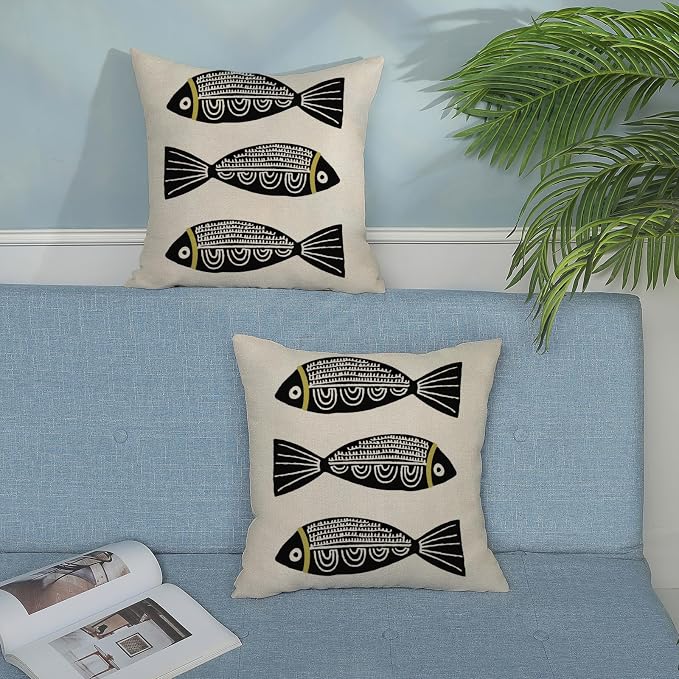 Coastal Pillow Covers 18x18 Inch Set of 2 Ocean Beach Black Fish Throw Pillows Summer Natical Outdoor Decorative Pillow Cases Linen Farmhouse Cushion Cover for Couch Home Sofa Bedroom Decor