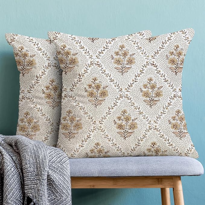 Floral Pillow Covers 18X18 Set of 2 Block Print Brown Flower Decorative Throw Pillow Covers Boho Modern Floral Decor Pillowcase Farmhouse Linen Cushion Case for Sofa Couch Outdoor Decoration