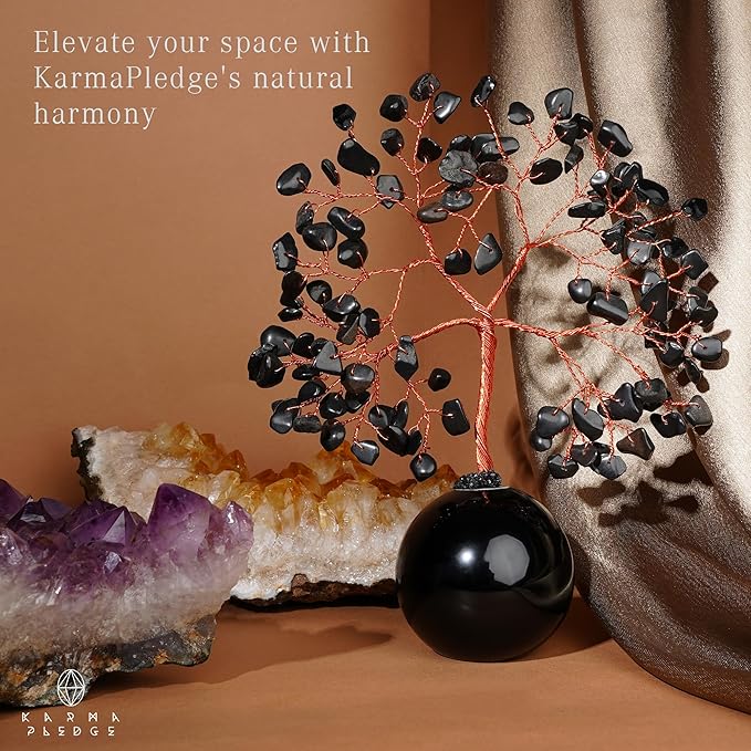 Black Obsidian Crystal Tree of Life Birthday Gifts for Women, Handmade Home Decor, Office, Room Decoration, Reiki Healing Crystal Chakra Tree for Money, Positivity, Good Luck Gifts for Her, Mom & Dad
