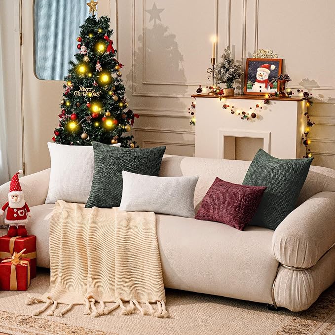 a moment Christmas Dark Green Chenille Throw Pillow Covers 18x18 Inch Pack of 2 Modern Decorative Throw Pillow Covers Farmhouse Cross Covers Home Decor for Sofa Bedroom Living Room
