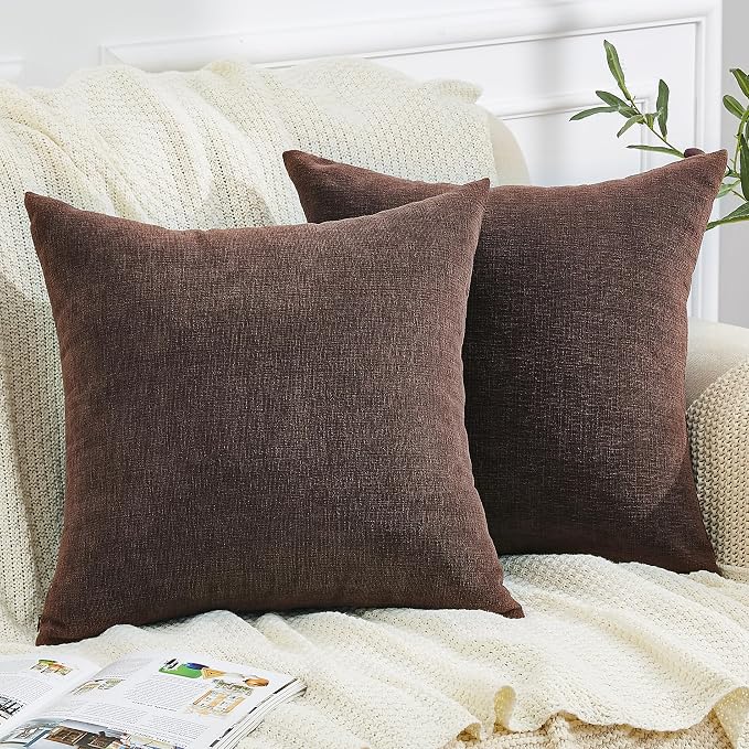 GAWAMAY Decorative Chenille Throw Pillow Covers 26x26 Inch Pack of 2, Soft Square Couch Pillow Cover for Sofa Cushion Living Room Bedroom Solid Dyed Oversized Pillowcases Coffee 66x66cm (ONLY Covers)