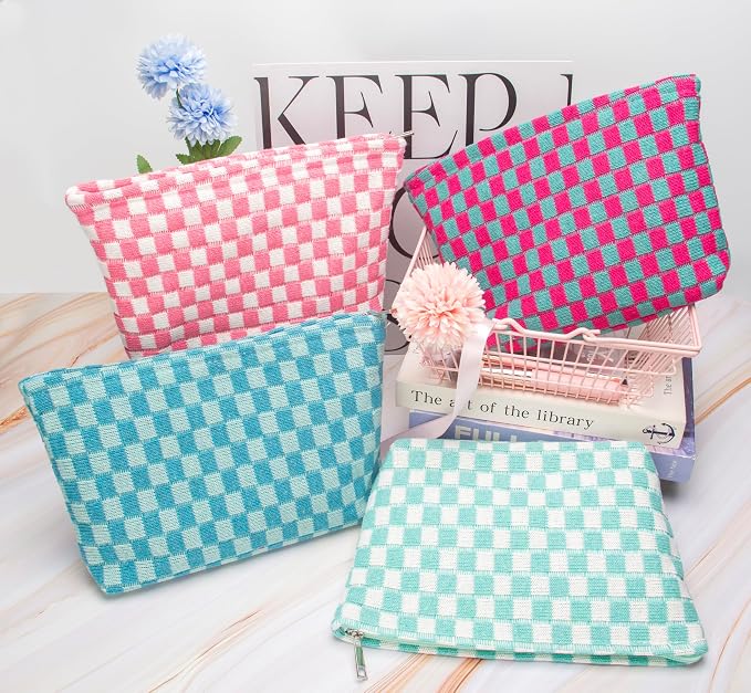 PAZIMIIK Knitted Checkered Makeup Bag Large Zipper Make Up Accessory Pouch for Purse Cosmetic Brush Bag for Travel Essential Arctic Blue