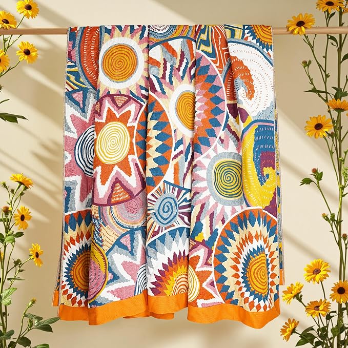 VANJOROY Boho Throw Blanket, 100% Organic Muslin Cotton Skin-friendly Breathable Ultra Soft Bed Quilt Throw - All Season Bohemian Decor Luxury Colorful Blanket for Sofa Couch Chair and Gift. 50" x 60"