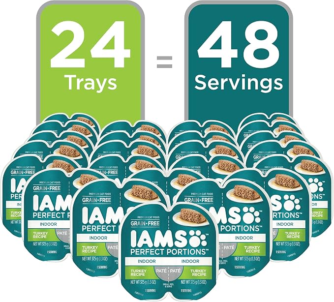 IAMS Perfect Portions Grain Free Pate Wet Cat Food, Turkey, 24 Count | Grain-free, Vitamin E immune support, dietary fiber & prebiotic for digestion, no fillers, 2.6 oz. snap-peel-serve twin packs