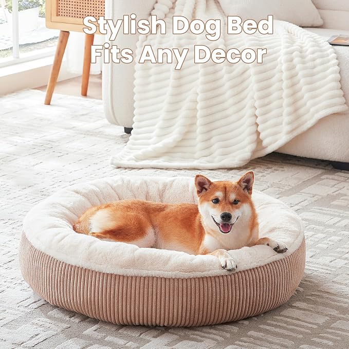 33 inches Calming Donut Dog Bed for Medium Plus Dogs,Brown | Round Pet Bed with Removable&Washable Cover,Plush Faux Fur & Corduroy, Fits Pets up to 50 lbs
