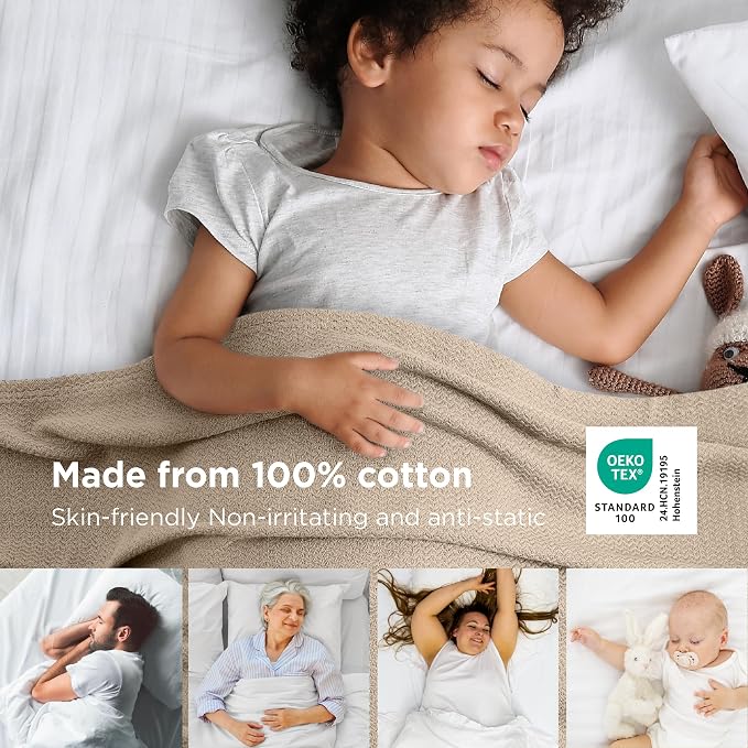 Bedsure GentleSoft 100% Cotton Blanket Twin XL Size for Bed - Cooling Breathable and Lightweight, Soft Cozy Textured Herringbone Woven Summer Blanket for College Dorm, Khaki, 66x90 inches