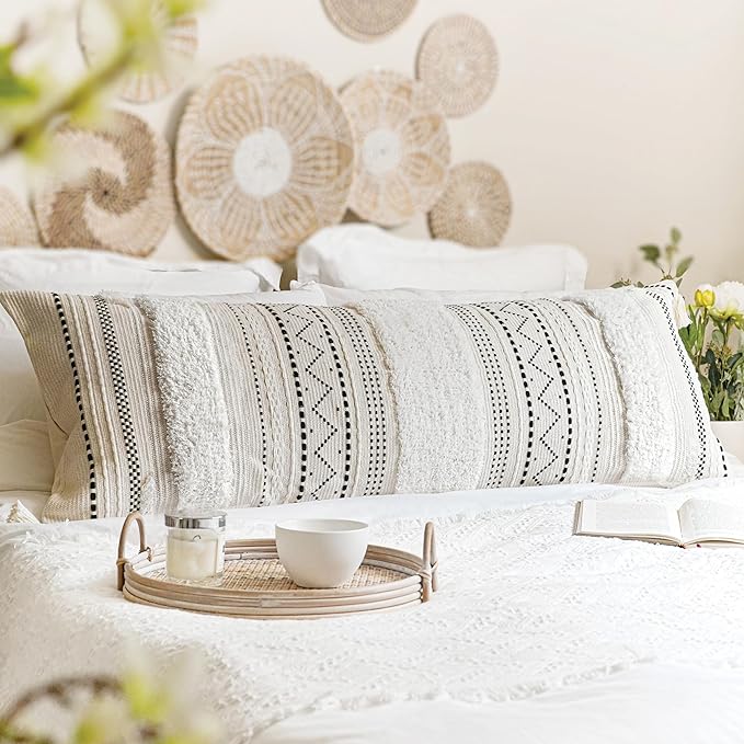 20X54 Oversized Large Lumbar Pillow Cover for Bed, Rectangular Long Decorative Throw Pillowcase, Cotton Boho Accent Cushion with Black Tufted Pattern and Tassels, Cream Neutral (Cover Only)