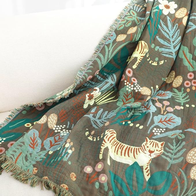 LUTBM Boho Throw Blanket for Bed Cotton Soft Lightweight Quilt Summer Blanket Twin Forest Tiger Embroidery Home Decor Breathable Bed Blankets,60"x80" All Season Throw for Sofa Couch Chair
