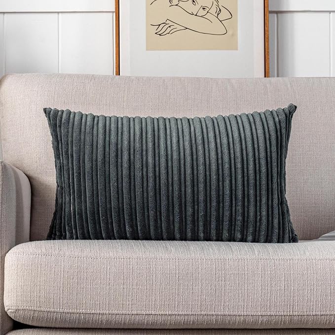 UGASA 14x20 Inch Christmas Pillow Cover Pack of 1 Soft Boho Stripe Corduroy Long Rectangle Lumbar Cushion Case Farmhouse Decorative Pilowcase for Bed, Couch, Sofa, Bedroom, Living Room, Dark Grey