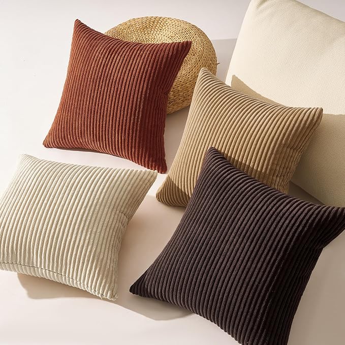 Topfinel Boho Throw Pillow Covers 18x18 Inch Set of 4 Soft Farmhouse Corduroy Striped Decorative Cushion Cover Beige Brown Gradient Rustic Pillow Case for Sofa Couch Living Room Bedroom