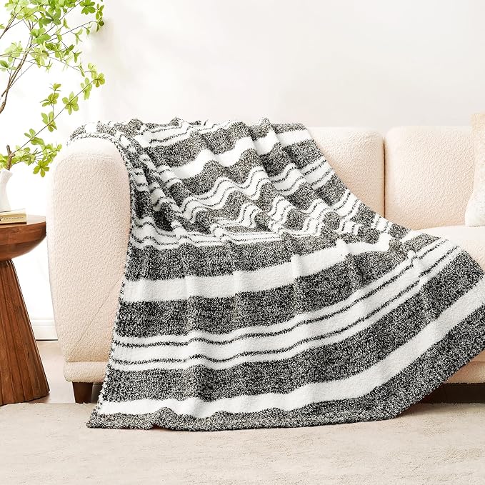 Snuggle Sac Heather Throw Blanket for Couch, Reversible Super Soft Blankets Warm Cozy Knit Fuzzy Plush Lightweight for Sofa, Bed, Camping, Picnic (Stripe Black, Throw(50"x 60"))