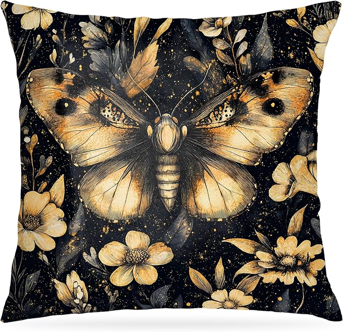 William Morris Inspired Floral Moth Pillow Covers 18x18, Dark Academia Cottagecore Botanical Floral Butterfly Decorative Throw Pillow Covers for Bedroom Living Room Home, Cottagecore Room Decor