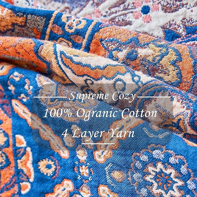 VANJOROY Boho Throw Blanket for Bed Couch 50" x 60", 100% Organic Cotton Skin-Friendly Ultra Soft Quilt Orange Throw - Floral Rustic Room Decor Luxury Reversible Blanket for Sofa Chair and Gift