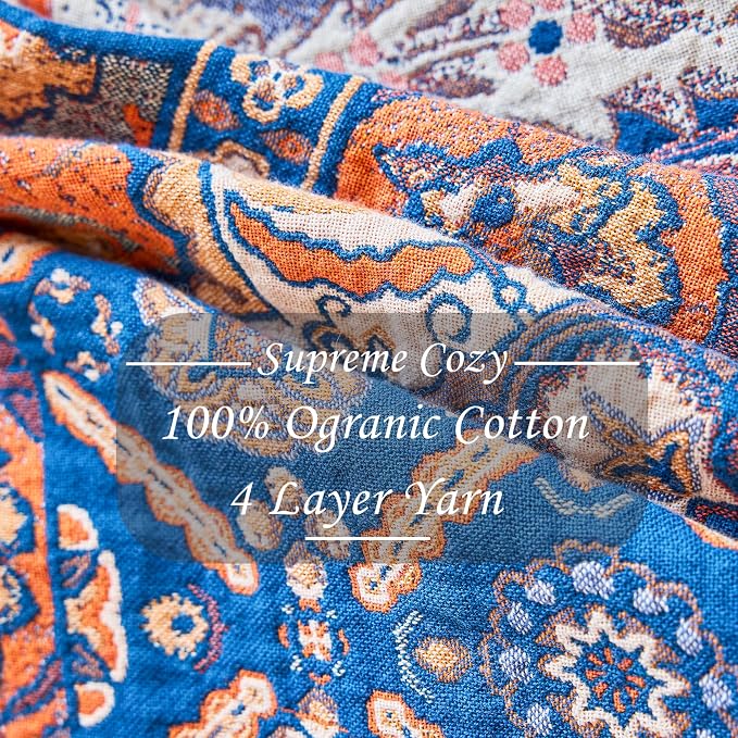 VANJOROY Boho Throw Blanket for Bed Couch 60" x 80", 100% Organic Cotton Skin-Friendly Ultra Soft Quilt Throw - Floral Rustic Living Room Decor Luxury Reversible Blanket for Sofa Chair and Gift