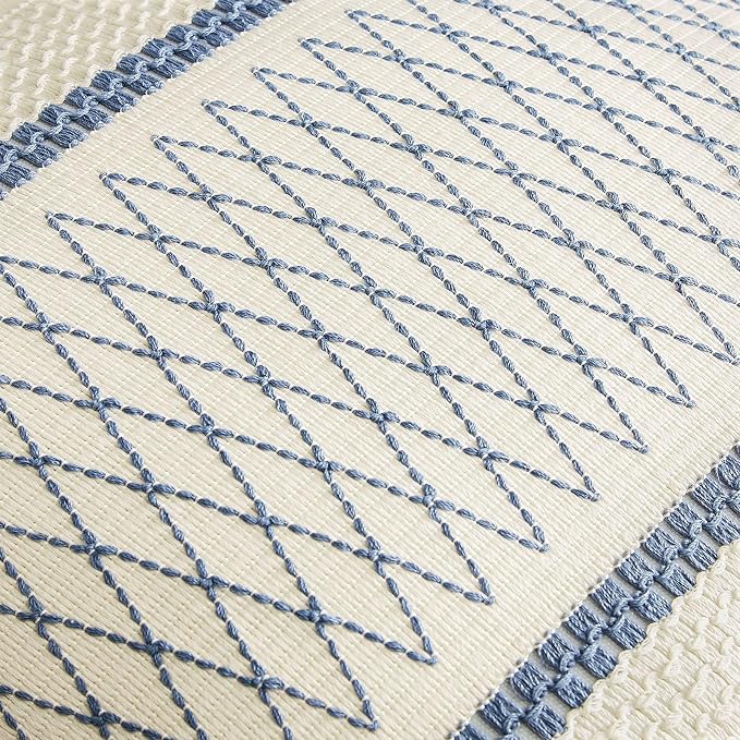 2 Pack Boho Lumbar Pillow Covers, Grid Blue 12x20in | Soft Breathable Cotton, Farmhouse Decorative Couch Pillow Cases, Cushion Covers for Sofa Bed Living Room Home Decor