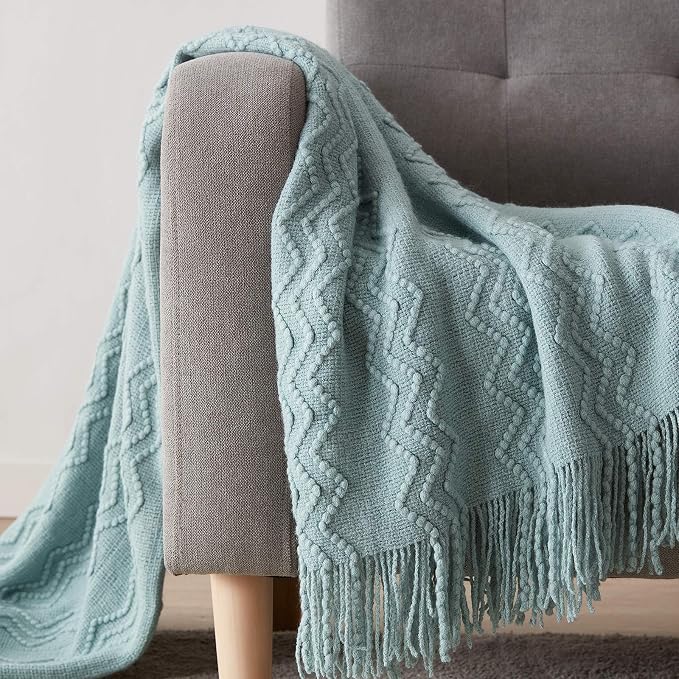 BOURINA Aqua Throw Blanket 50x60 Inch Boho Knitted Soft Throw Sofa Blanket | Knitted Throw Blanket 50x60 Inches, Soft Lightweight Boho Weave Throw Decorative Couch Blanket for Living Room Bedroom Chair