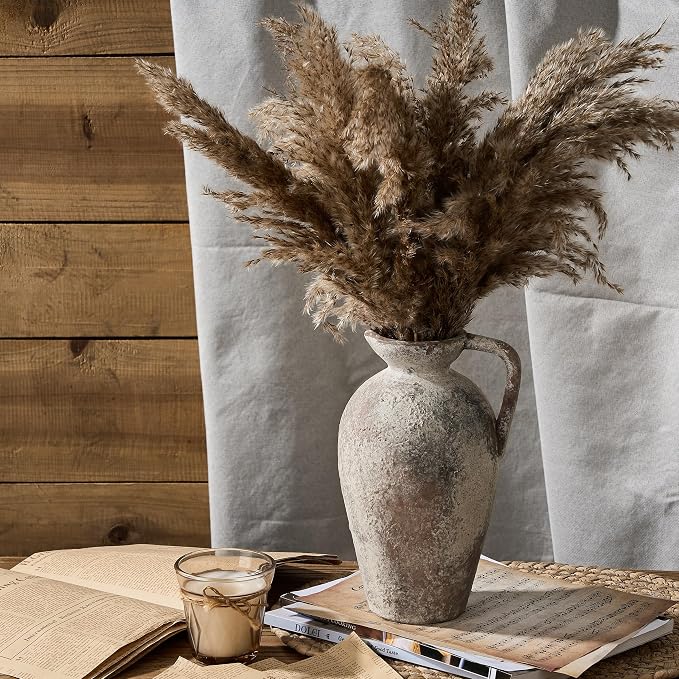 PORCER 9.3 Inch Antique Ceramic Vase, Terracotta Vase with Handle, Tuscan Decor Farmhouse Decorative Vase, Rustic Vase for Home Decor, Living Room, Entryway, Wedding - Distressed Design, Gray