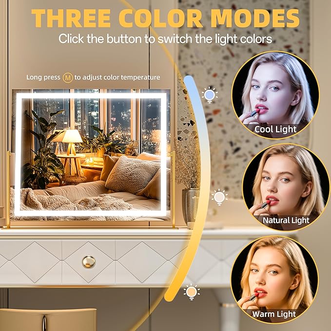 Vanity Mirror with Lights, 24'' x 20'' Lighted Makeup Mirror, Touch Screen with 3-Color Lighting, Dimmable for Vanity Desk Tabletop Square Gold