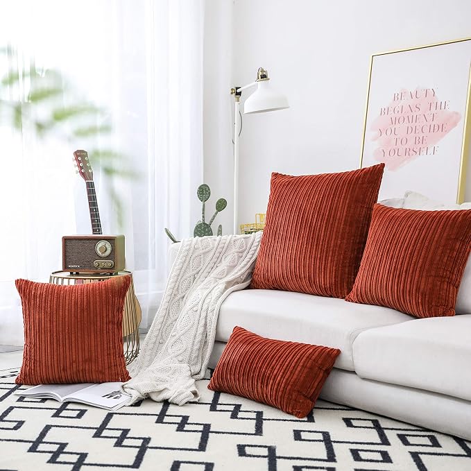 UGASA Fall Pack of 2 Velvet Pillow Covers Striped, Soft Textured Throw Cushion Case Set Corduroy Lumbar Pillowcases with Hidden Zipper for Home Decor Indoor Outdoor (12"x20", Burnt Brick)
