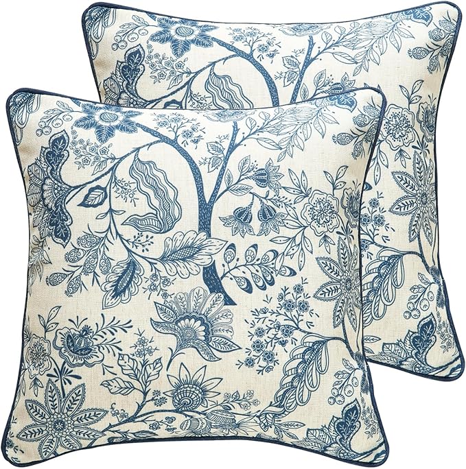 Designer Linen Square Throw Pillow Cover,Set of 2,18"x18"-Ruyi B | Vintage French Elegant Pillow Cover,Concealed Zipper Design,Blue Floral Pattern,Sofa,Bedroom,Living Room,Lounge Chairs