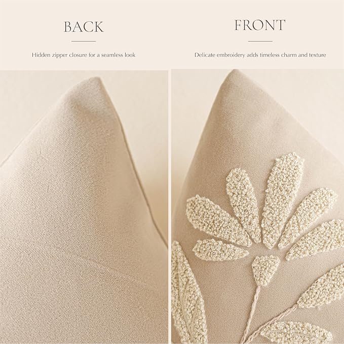Decorative Throw Pillow Cover 20x20, Beige Neutral Velvet Accent Cushion Cover for Couch Sofa Living Room, Floral Tufted Square Pillowcase (Cover Only)