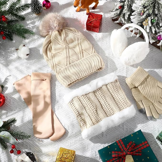 SATINIOR 5 Pcs Winter Hat Scarf Gloves Set Fleece Warm Lined Knit Beanie Hat Touch Screen Earmuff Gloves Warmer for Women(Beige,Stylish Style)
