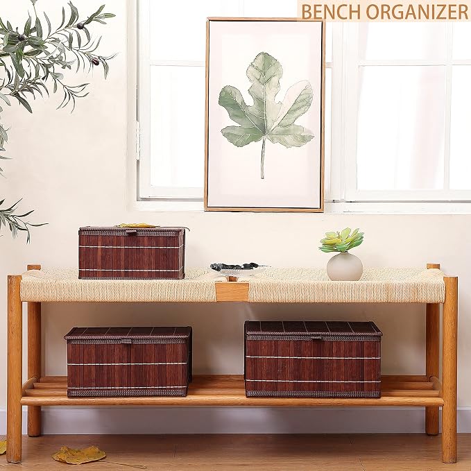 Honygebia Bamboo Decorative Storage Boxes - Set of 3 Woven Lined Storage Basket with Lids, Retro Brown Wicker Lidded Baskets for Home Kitchen Shelf Organizer Decor