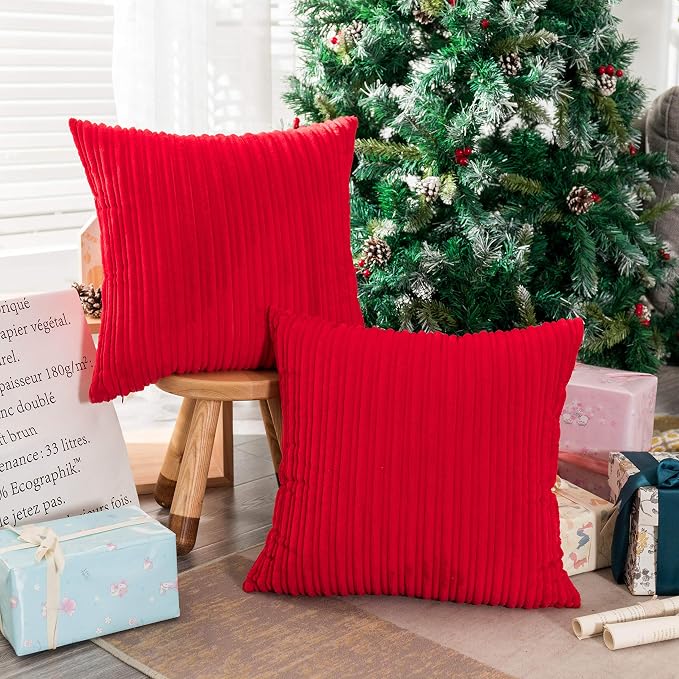 UGASA Valentines Corduroy Striped Soft Soild Decorative Square Throw Pillow Covers Set Cushion Cases Pillowcases for Sofa Bedroom, 1 Pc, 26x26inch, Red