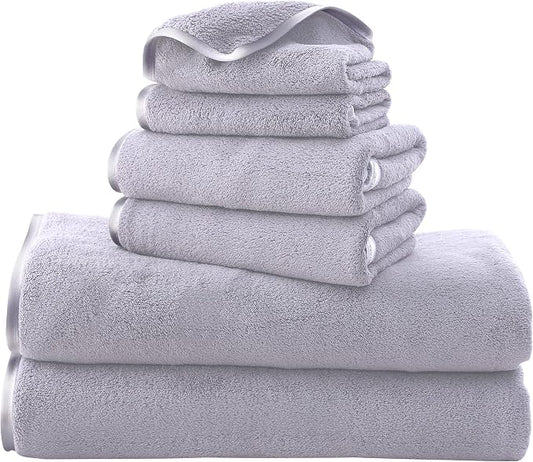TENSTARS Luxury Silk Hemming Towel Set - Light Thin Quick Drying - 2 Bath Towels 2 Hand Towels 2 Washcloths - Ultra Soft Microfiber Towel for Bath Fitness, Sports, Yoga, Travel (Light Grey 6 Pieces)
