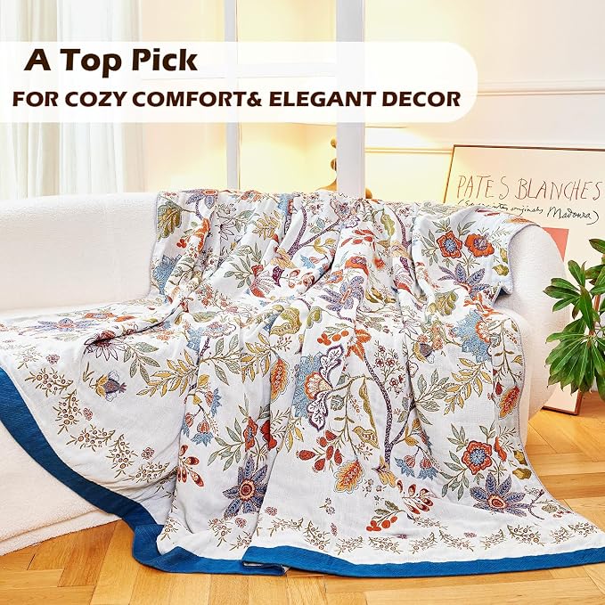 VANJOROY Boho Throw Blanket, 100% Organic Cotton Breathable Skin-Friendly Ultra Soft Bed Quilt Throw - All Season Floral Farmhouse Décor Luxury Blanket for Sofa Couch Chair and Gift. 91" x 98"