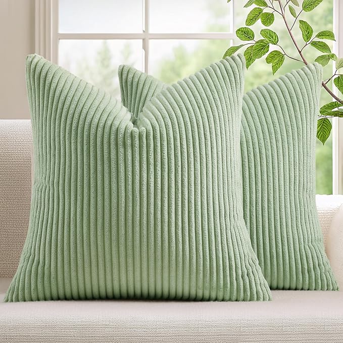 Mecatny Corduroy Decorative Throw Pillow Covers 24x24 Set of 2 Sage Green | Soft Striped Texture, Hidden Zipper Design, Neutral Boho Square Pillow Cases for Sofa Couch Living Room Bedroom, Home Décor